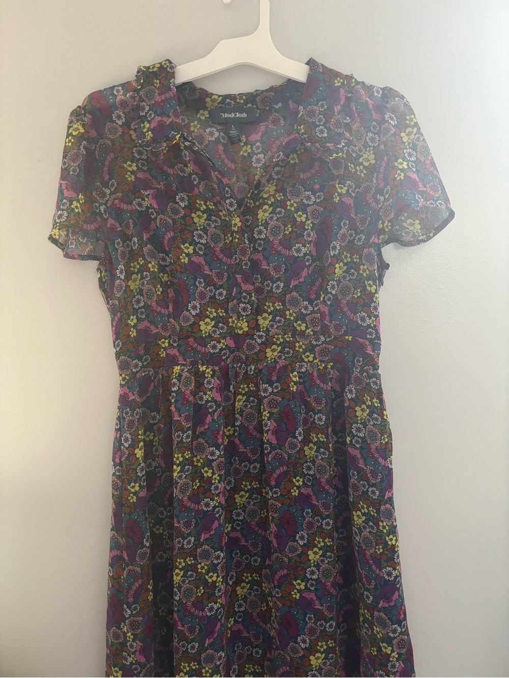 ModCloth Black Floral Fit-and-Flare Dress with Pink, Yellow, and Purple Accents
